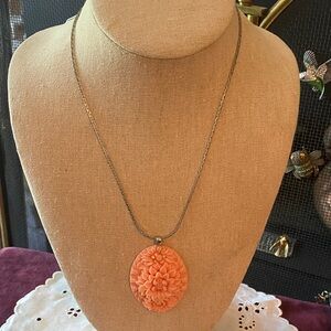 Vintage Peach celluloid floral necklace with silver tone chain.